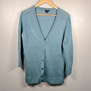Talbots 100% Linen Cardigan Womens Large Blue Button Front Lightweight Sweater
